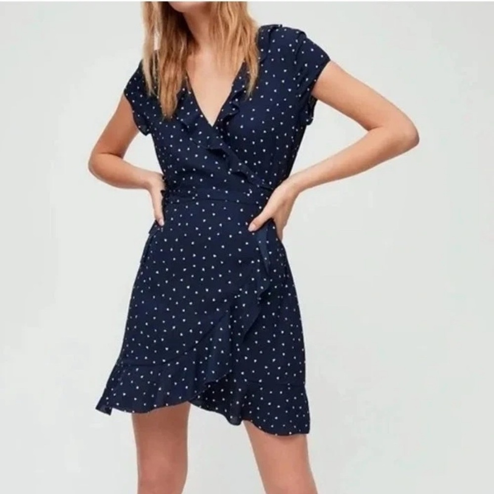 Sunday Best Heart Print Ruffle Wrap‎ Dress Navy Size 2 Wedding Date Feminine